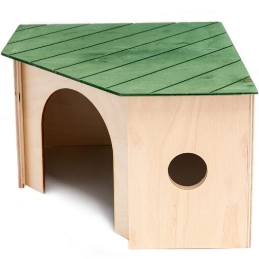 Drewniany domek narożny dla gryzonia - zielony, widok z boku